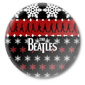 Значок с принтом Праздничный The Beatles в Петрозаводске,  металл | круглая форма, металлическая застежка в виде булавки | beatles | the beatles | бител | битлз | битлс | битлы | группа | джон леннон | джордж харрисон | жуки | знак | красный | ливерпульская четвёрка | мерсибит | надпись | новогодний | новый год | пол маккартни | поп