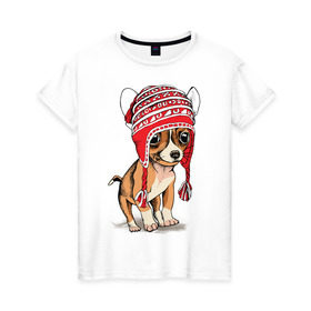 Женская футболка хлопок с принтом Чихуахуа в шапочке в Петрозаводске, 100% хлопок | прямой крой, круглый вырез горловины, длина до линии бедер, слегка спущенное плечо | домашние животные | пес | песик | собака | собачка | чихуахуа