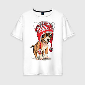 Женская футболка хлопок Oversize с принтом Чихуахуа в шапочке в Петрозаводске, 100% хлопок | свободный крой, круглый ворот, спущенный рукав, длина до линии бедер
 | домашние животные | пес | песик | собака | собачка | чихуахуа