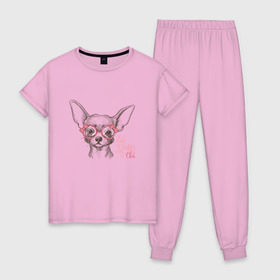 Женская пижама хлопок с принтом Чихуахуа в розовых очках в Петрозаводске, 100% хлопок | брюки и футболка прямого кроя, без карманов, на брюках мягкая резинка на поясе и по низу штанин | домашние животные | пес | собака