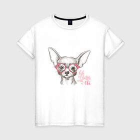 Женская футболка хлопок с принтом Чихуахуа в розовых очках в Петрозаводске, 100% хлопок | прямой крой, круглый вырез горловины, длина до линии бедер, слегка спущенное плечо | домашние животные | пес | собака
