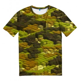 Мужская футболка 3D с принтом Кубики милитари в Петрозаводске, 100% полиэфир | прямой крой, круглый вырез горловины, длина до линии бедер | камуфляж | объемный | пиксели | хаки