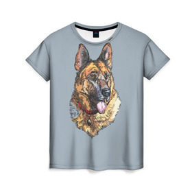 Женская футболка 3D с принтом Немецкая овчарка арт в Петрозаводске, 100% полиэфир ( синтетическое хлопкоподобное полотно) | прямой крой, круглый вырез горловины, длина до линии бедер | домашние животные | овчарка | пес | собака