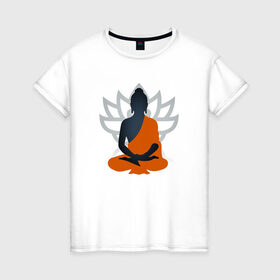 Женская футболка хлопок с принтом Лотос и Будда в Петрозаводске, 100% хлопок | прямой крой, круглый вырез горловины, длина до линии бедер, слегка спущенное плечо | будда | буддизм | лотос | оранжевый | символ | цветок
