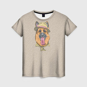 Женская футболка 3D с принтом Немецкая овчарка в шляпке в Петрозаводске, 100% полиэфир ( синтетическое хлопкоподобное полотно) | прямой крой, круглый вырез горловины, длина до линии бедер | домашние животные | овчарка | пес | собака