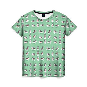 Женская футболка 3D с принтом Веселые хаски в Петрозаводске, 100% полиэфир ( синтетическое хлопкоподобное полотно) | прямой крой, круглый вырез горловины, длина до линии бедер | домашние животные | пес | песик | собака | собачка | хаски