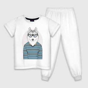 Детская пижама хлопок с принтом Хаски в свитере в Петрозаводске, 100% хлопок |  брюки и футболка прямого кроя, без карманов, на брюках мягкая резинка на поясе и по низу штанин
 | домашние животные | пес | песик | собака | собачка | хаски