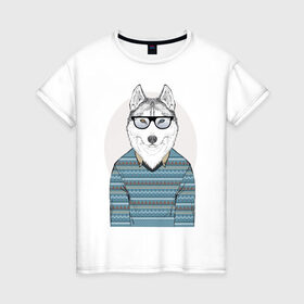 Женская футболка хлопок с принтом Хаски в свитере в Петрозаводске, 100% хлопок | прямой крой, круглый вырез горловины, длина до линии бедер, слегка спущенное плечо | домашние животные | пес | песик | собака | собачка | хаски