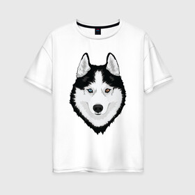 Женская футболка хлопок Oversize с принтом Хаски с разными глазами в Петрозаводске, 100% хлопок | свободный крой, круглый ворот, спущенный рукав, длина до линии бедер
 | домашние животные | пес | собака