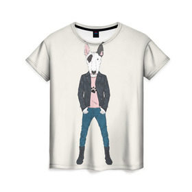 Женская футболка 3D с принтом Бультерьер в косухе в Петрозаводске, 100% полиэфир ( синтетическое хлопкоподобное полотно) | прямой крой, круглый вырез горловины, длина до линии бедер | домашние животные | пес | собака