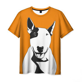 Мужская футболка 3D с принтом Солнечнй бультерьер в Петрозаводске, 100% полиэфир | прямой крой, круглый вырез горловины, длина до линии бедер | Тематика изображения на принте: бультерьер | домашние животные | пес | песик | собака | собачка
