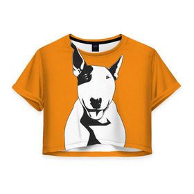 Женская футболка 3D укороченная с принтом Солнечнй бультерьер в Петрозаводске, 100% полиэстер | круглая горловина, длина футболки до линии талии, рукава с отворотами | Тематика изображения на принте: бультерьер | домашние животные | пес | песик | собака | собачка