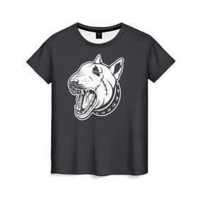 Женская футболка 3D с принтом Опасный бультерьер в Петрозаводске, 100% полиэфир ( синтетическое хлопкоподобное полотно) | прямой крой, круглый вырез горловины, длина до линии бедер | домашние животные | пес | собака