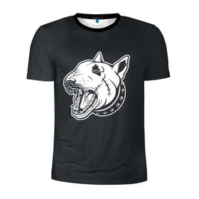 Мужская футболка 3D спортивная с принтом Опасный бультерьер в Петрозаводске, 100% полиэстер с улучшенными характеристиками | приталенный силуэт, круглая горловина, широкие плечи, сужается к линии бедра | Тематика изображения на принте: домашние животные | пес | собака