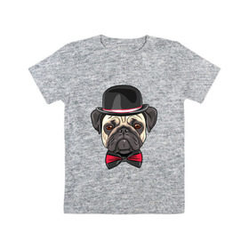 Детская футболка хлопок с принтом Мопсик в цилиндре в Петрозаводске, 100% хлопок | круглый вырез горловины, полуприлегающий силуэт, длина до линии бедер | домашние животные | мопс | пес | песик | собака | собачка