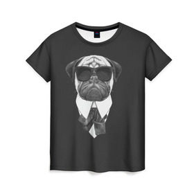 Женская футболка 3D с принтом Мопс в черном в Петрозаводске, 100% полиэфир ( синтетическое хлопкоподобное полотно) | прямой крой, круглый вырез горловины, длина до линии бедер | домашние животные | мопс | пес | песик | собака | собачка