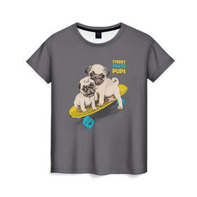 Женская футболка 3D с принтом Street skate PUPS в Петрозаводске, 100% полиэфир ( синтетическое хлопкоподобное полотно) | прямой крой, круглый вырез горловины, длина до линии бедер | домашние животные | мопс | пес | песик | собака | собачка