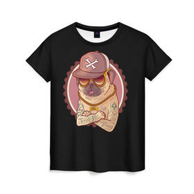 Женская футболка 3D с принтом Ганстамопс в Петрозаводске, 100% полиэфир ( синтетическое хлопкоподобное полотно) | прямой крой, круглый вырез горловины, длина до линии бедер | домашние животные | мопс | пес | песик | собака | собачка