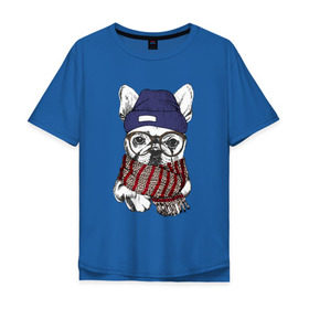 Мужская футболка хлопок Oversize с принтом Бултдог в шарфике в Петрозаводске, 100% хлопок | свободный крой, круглый ворот, “спинка” длиннее передней части | бульдог | домашние животные | пес | песик | собака | собачка | французский бульдог
