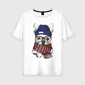 Женская футболка хлопок Oversize с принтом Бултдог в шарфике в Петрозаводске, 100% хлопок | свободный крой, круглый ворот, спущенный рукав, длина до линии бедер
 | бульдог | домашние животные | пес | песик | собака | собачка | французский бульдог