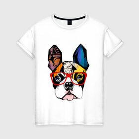 Женская футболка хлопок с принтом Лоскутный мопс в Петрозаводске, 100% хлопок | прямой крой, круглый вырез горловины, длина до линии бедер, слегка спущенное плечо | бульдог | домашние животные | пес | песик | собака | собачка | французский бульдог