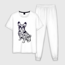 Мужская пижама хлопок с принтом Суровый бульдог в Петрозаводске, 100% хлопок | брюки и футболка прямого кроя, без карманов, на брюках мягкая резинка на поясе и по низу штанин
 | бульдог | домашние животные | пес | песик | собака | собачка | французский бульдог