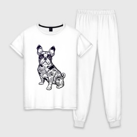 Женская пижама хлопок с принтом Суровый бульдог в Петрозаводске, 100% хлопок | брюки и футболка прямого кроя, без карманов, на брюках мягкая резинка на поясе и по низу штанин | бульдог | домашние животные | пес | песик | собака | собачка | французский бульдог