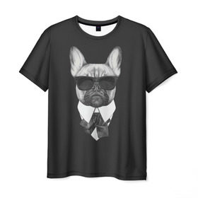 Мужская футболка 3D с принтом Бульдог в черном в Петрозаводске, 100% полиэфир | прямой крой, круглый вырез горловины, длина до линии бедер | Тематика изображения на принте: бульдог | домашние животные | пес | песик | собака | собачка | французский бульдог