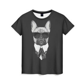 Женская футболка 3D с принтом Бульдог в черном в Петрозаводске, 100% полиэфир ( синтетическое хлопкоподобное полотно) | прямой крой, круглый вырез горловины, длина до линии бедер | бульдог | домашние животные | пес | песик | собака | собачка | французский бульдог