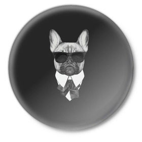 Значок с принтом Бульдог в черном в Петрозаводске,  металл | круглая форма, металлическая застежка в виде булавки | Тематика изображения на принте: бульдог | домашние животные | пес | песик | собака | собачка | французский бульдог