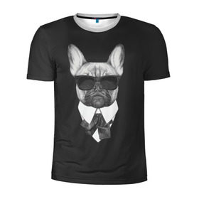 Мужская футболка 3D спортивная с принтом Бульдог в черном в Петрозаводске, 100% полиэстер с улучшенными характеристиками | приталенный силуэт, круглая горловина, широкие плечи, сужается к линии бедра | Тематика изображения на принте: бульдог | домашние животные | пес | песик | собака | собачка | французский бульдог