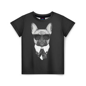 Детская футболка 3D с принтом Бульдог в черном в Петрозаводске, 100% гипоаллергенный полиэфир | прямой крой, круглый вырез горловины, длина до линии бедер, чуть спущенное плечо, ткань немного тянется | бульдог | домашние животные | пес | песик | собака | собачка | французский бульдог