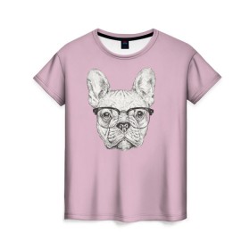 Женская футболка 3D с принтом Бульдог в очках в Петрозаводске, 100% полиэфир ( синтетическое хлопкоподобное полотно) | прямой крой, круглый вырез горловины, длина до линии бедер | бульдог | домашние животные | пес | песик | собака | собачка | французский бульдог