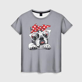 Женская футболка 3D с принтом Бульдог в очках_2 в Петрозаводске, 100% полиэфир ( синтетическое хлопкоподобное полотно) | прямой крой, круглый вырез горловины, длина до линии бедер | бульдог | домашние животные | пес | песик | собака | собачка | французский бульдог