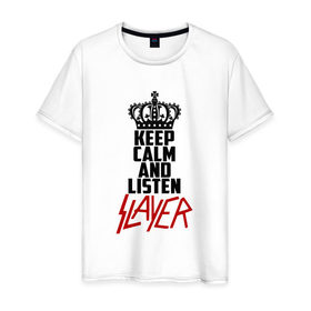 Мужская футболка хлопок с принтом Keep calm and listen Slayer в Петрозаводске, 100% хлопок | прямой крой, круглый вырез горловины, длина до линии бедер, слегка спущенное плечо. | 