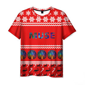Мужская футболка 3D с принтом Праздничный Muse в Петрозаводске, 100% полиэфир | прямой крой, круглый вырез горловины, длина до линии бедер | muse | альтернативный | группа | доминик ховард | знак | красный | крис уолстенхолм | мо | моус | моусе | муза | музе | мусе | мэттью беллами | надпись | новогодний | новый год | праздник | прогрессивный