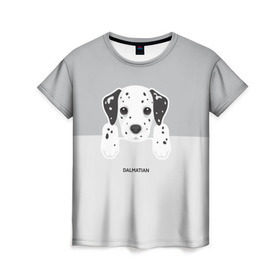 Женская футболка 3D с принтом Dalmatian Puppy в Петрозаводске, 100% полиэфир ( синтетическое хлопкоподобное полотно) | прямой крой, круглый вырез горловины, длина до линии бедер | далматин | далматинец | домашние животные | пес | песик | собака | собачка | терьер | шпиц