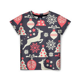 Детская футболка 3D с принтом Зимние фантазии в Петрозаводске, 100% гипоаллергенный полиэфир | прямой крой, круглый вырез горловины, длина до линии бедер, чуть спущенное плечо, ткань немного тянется | Тематика изображения на принте: елка | елочные игрушки | новый год | олень | снег | снежинки
