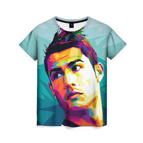 Женская футболка 3D с принтом Cristiano Ronaldo в Петрозаводске, 100% полиэфир ( синтетическое хлопкоподобное полотно) | прямой крой, круглый вырез горловины, длина до линии бедер | криштиану | реал мадрид | роналду