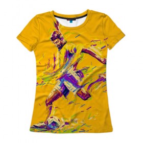Женская футболка 3D с принтом Футболист в Петрозаводске, 100% полиэфир ( синтетическое хлопкоподобное полотно) | прямой крой, круглый вырез горловины, длина до линии бедер | pop art | поп арт | цвета | яркие
