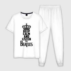 Мужская пижама хлопок с принтом Keep calm and listen Beatles в Петрозаводске, 100% хлопок | брюки и футболка прямого кроя, без карманов, на брюках мягкая резинка на поясе и по низу штанин
 | beatles | the beatles | бителз | бителс | битлз | битлс | битлы | группа | джон леннон | джордж харрисон | жуки | зе | ливерпульская четвёрка | мерсибит | пол маккартни | поп | ринго старр | рок