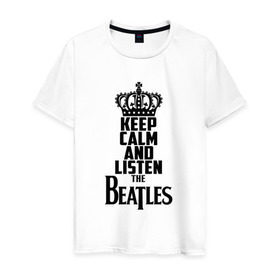 Мужская футболка хлопок с принтом Keep calm and listen Beatles в Петрозаводске, 100% хлопок | прямой крой, круглый вырез горловины, длина до линии бедер, слегка спущенное плечо. | beatles | the beatles | бителз | бителс | битлз | битлс | битлы | группа | джон леннон | джордж харрисон | жуки | зе | ливерпульская четвёрка | мерсибит | пол маккартни | поп | ринго старр | рок