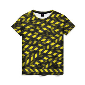 Женская футболка 3D с принтом Черно-желтая лента в Петрозаводске, 100% полиэфир ( синтетическое хлопкоподобное полотно) | прямой крой, круглый вырез горловины, длина до линии бедер | danger | желтый | знак | ограждение | опастость | паттрен | скотч | черный