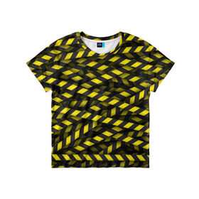 Детская футболка 3D с принтом Черно-желтая лента в Петрозаводске, 100% гипоаллергенный полиэфир | прямой крой, круглый вырез горловины, длина до линии бедер, чуть спущенное плечо, ткань немного тянется | danger | желтый | знак | ограждение | опастость | паттрен | скотч | черный