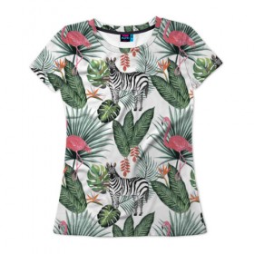 Женская футболка 3D с принтом Саванна в Петрозаводске, 100% полиэфир ( синтетическое хлопкоподобное полотно) | прямой крой, круглый вырез горловины, длина до линии бедер | африка | белый | зверь | зебра | растения | розовый | фламинго
