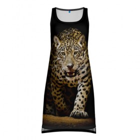 Платье-майка 3D с принтом Leopard в Петрозаводске, 100% полиэстер | полуприлегающий силуэт, широкие бретели, круглый вырез горловины, удлиненный подол сзади. | дикая кошка | зверь | клыки | кот | леопард | оскал | пантера | природа | хищник | ягуар
