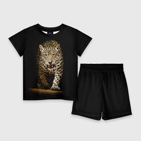 Детский костюм с шортами 3D с принтом Leopard в Петрозаводске,  |  | дикая кошка | зверь | клыки | кот | леопард | оскал | пантера | природа | хищник | ягуар