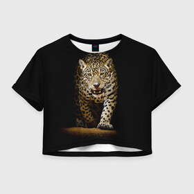Женская футболка 3D укороченная с принтом Leopard в Петрозаводске, 100% полиэстер | круглая горловина, длина футболки до линии талии, рукава с отворотами | дикая кошка | зверь | клыки | кот | леопард | оскал | пантера | природа | хищник | ягуар