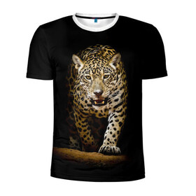 Мужская футболка 3D спортивная с принтом Leopard в Петрозаводске, 100% полиэстер с улучшенными характеристиками | приталенный силуэт, круглая горловина, широкие плечи, сужается к линии бедра | Тематика изображения на принте: дикая кошка | зверь | клыки | кот | леопард | оскал | пантера | природа | хищник | ягуар