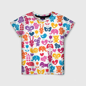 Детская футболка 3D с принтом Веселый зоопарк в Петрозаводске, 100% гипоаллергенный полиэфир | прямой крой, круглый вырез горловины, длина до линии бедер, чуть спущенное плечо, ткань немного тянется | бабочка | заяц | кролик | слон | цветы | черепаxа